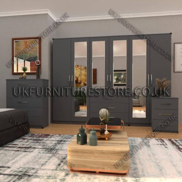 Gray 6 Door Wardrobe Set With 4 Mirrors and 3 Bottom Drawer