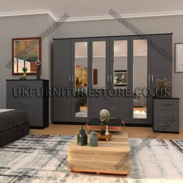 Front Gray Side Black 6 Door Wardrobe Set With 4 Mirrors and 3 Bottom Drawer