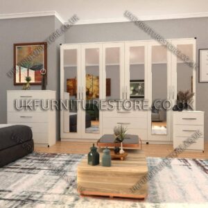 White 6 Door Wardrobe Set With 6 Mirrors and 3 Bottom Drawer