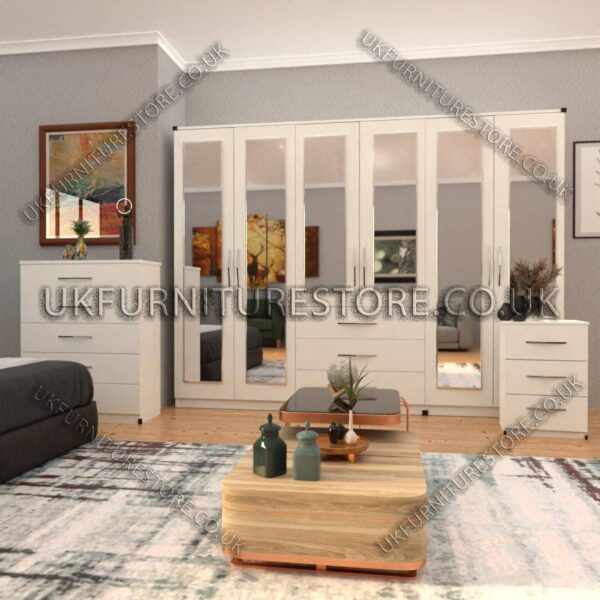 White 6 Door Wardrobe Set With 6 Mirrors and 3 Bottom Drawer