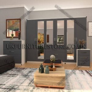 Front Gray Side White 6 Door Wardrobe Set With 4 Mirrors and 3 Bottom Drawer