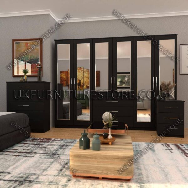 Black 6 Door Wardrobe Set With 6 Mirrors and 3 Bottom Drawer