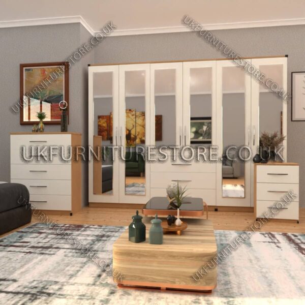Front White Side Oak 6 Door Wardrobe Set With 6 Mirrors and 3 Bottom Drawer