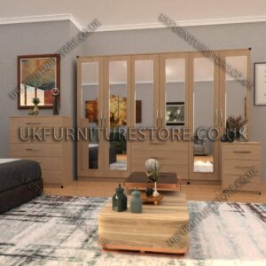 Oak 6 Door Wardrobe Set With 6 Mirrors and 3 Bottom Drawer