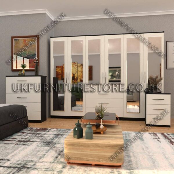 Front White Side Black 6 Door Wardrobe Set With 6 Mirrors and 3 Bottom Drawer