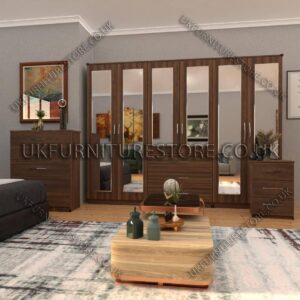 Walnut 6 Door Wardrobe Set With 6 Mirrors and 3 Bottom Drawer