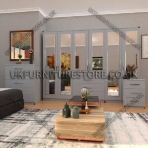 Silver 6 Door Wardrobe Set With 6 Mirrors and 3 Bottom Drawer