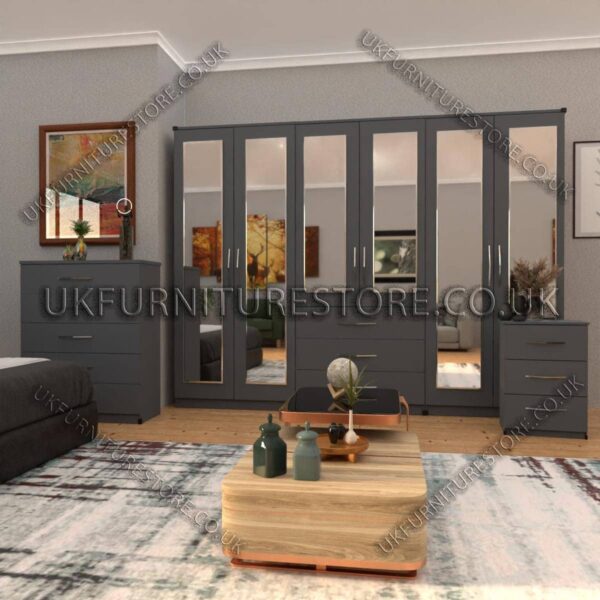 Gray 6 Door Wardrobe Set With 6 Mirrors and 3 Bottom Drawer