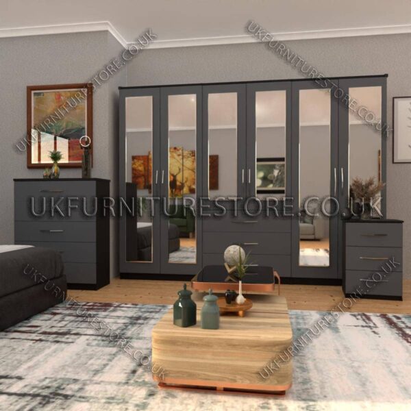 Front Gray Side Black 6 Door Wardrobe Set With 6 Mirrors and 3 Bottom Drawer