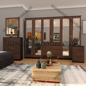 Front Walnut Side Black 6 Door Wardrobe Set With 6 Mirrors and 3 Bottom Drawer