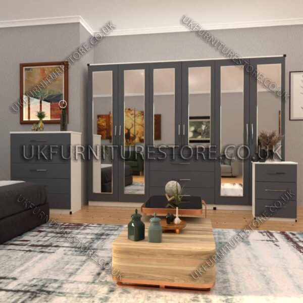 Front Gray Side White 6 Door Wardrobe Set With 6 Mirrors and 3 Bottom Drawer