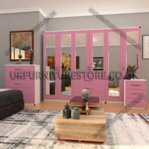 Front Pink Side White 6 Door Wardrobe Set With 6 Mirrors and 3 Bottom Drawer