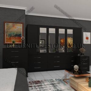 Black 6 Door Wardrobe Set With 4 Mirrors and 9 Bottom Drawer