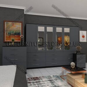 Front Gray Side Black 6 Door Wardrobe Set With 4 Mirrors and 9 Bottom Drawer