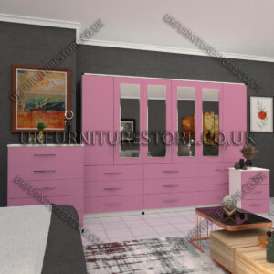 Front Pink Side White 6 Door Wardrobe Set With 4 Mirrors and 9 Bottom Drawer