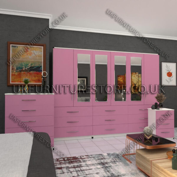 Front Pink Side White 6 Door Wardrobe Set With 4 Mirrors and 9 Bottom Drawer