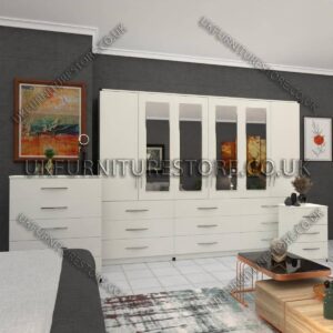 White 6 Door Wardrobe Set With 4 Mirrors and 9 Bottom Drawer