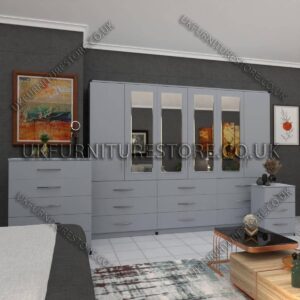 Silver 6 Door Wardrobe Set With 4 Mirrors and 9 Bottom Drawer