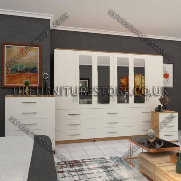 Front White Side Oak 6 Door Wardrobe Set With 4 Mirrors and 9 Bottom Drawer