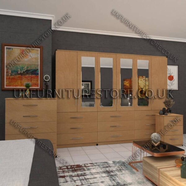 Beech 6 Door Wardrobe Set With 4 Mirrors and 9 Bottom Drawer