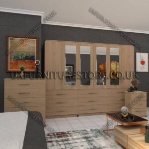 Oak 6 Door Wardrobe Set With 4 Mirrors and 9 Bottom Drawer