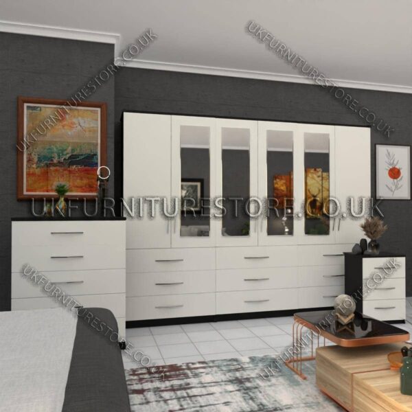 Front White Side Black 6 Door Wardrobe Set With 4 Mirrors and 9 Bottom Drawer