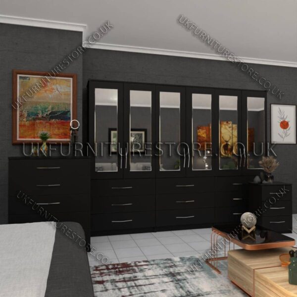 Black 6 Door Wardrobe Set With 6 Mirrors and 9 Bottom Drawer