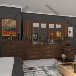Walnut 6 Door Wardrobe Set With 4 Mirrors and 9 Bottom Drawer