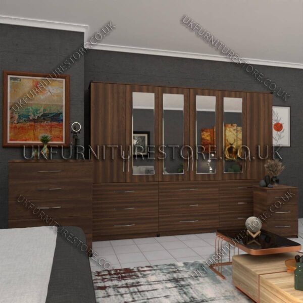 Walnut 6 Door Wardrobe Set With 4 Mirrors and 9 Bottom Drawer