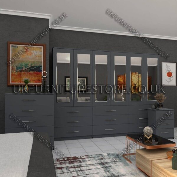 Gray 6 Door Wardrobe Set With 6 Mirrors and 9 Bottom Drawer