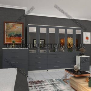 Front Gray Side White 6 Door Wardrobe Set With 6 Mirrors and 9 Bottom Drawer