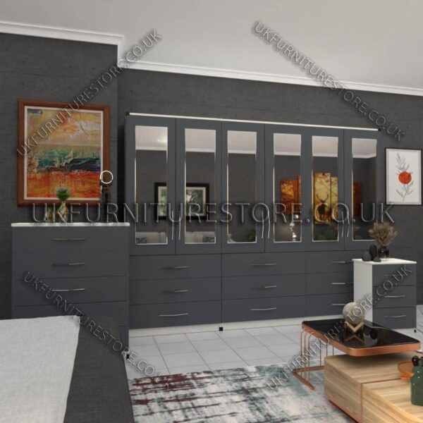 Front Gray Side White 6 Door Wardrobe Set With 6 Mirrors and 9 Bottom Drawer