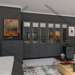 Front Gray Side Black 6 Door Wardrobe Set With 6 Mirrors and 9 Bottom Drawer