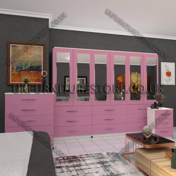 Front Pink Side White 6 Door Wardrobe Set With 6 Mirrors and 9 Bottom Drawer
