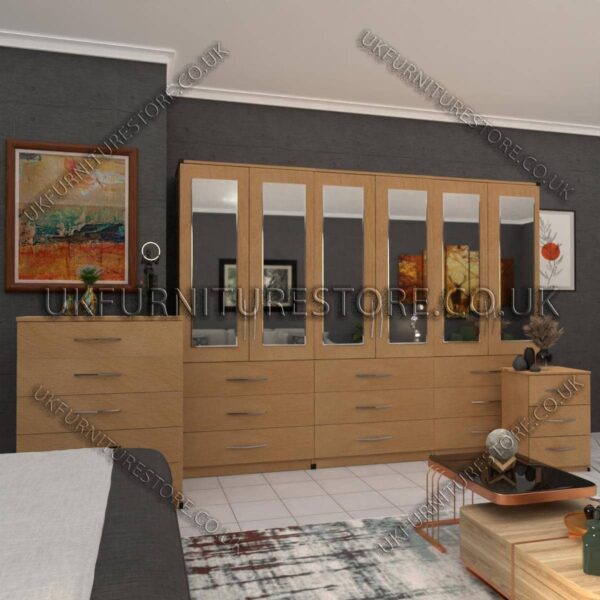 Beech 6 Door Wardrobe Set With 6 Mirrors and 9 Bottom Drawer