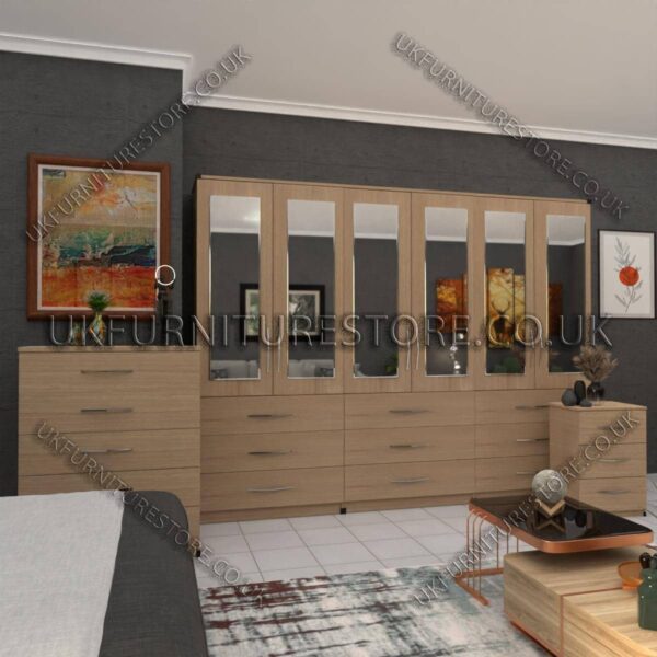 Oak 6 Door Wardrobe Set With 6 Mirrors and 9 Bottom Drawer