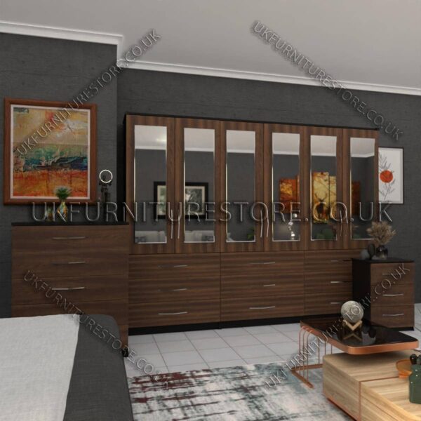 Front Walnut Side Black 6 Door Wardrobe Set With 6 Mirrors and 9 Bottom Drawer