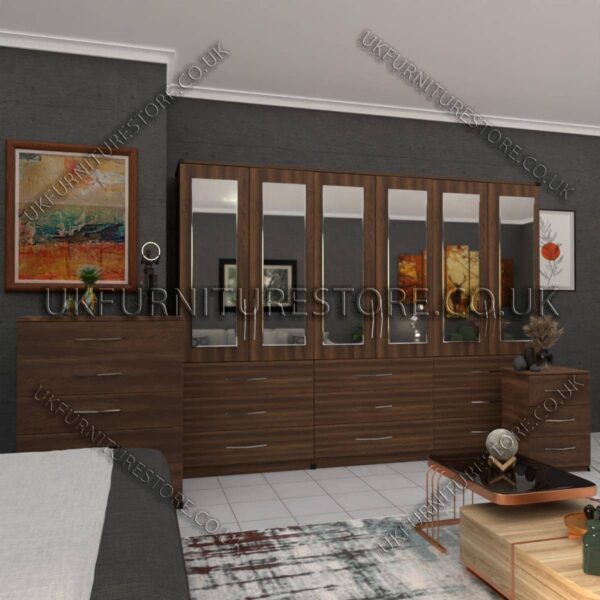 Walnut 6 Door Wardrobe Set With 6 Mirrors and 9 Bottom Drawer