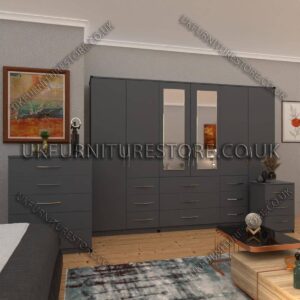 Gray 6 Door Combi Wardrobe Set With 2 Mirrors