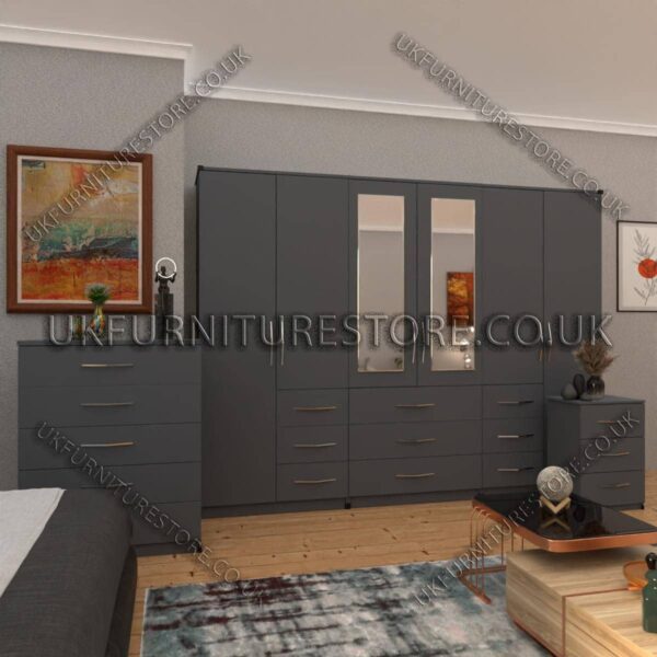 Gray 6 Door Combi Wardrobe Set With 2 Mirrors