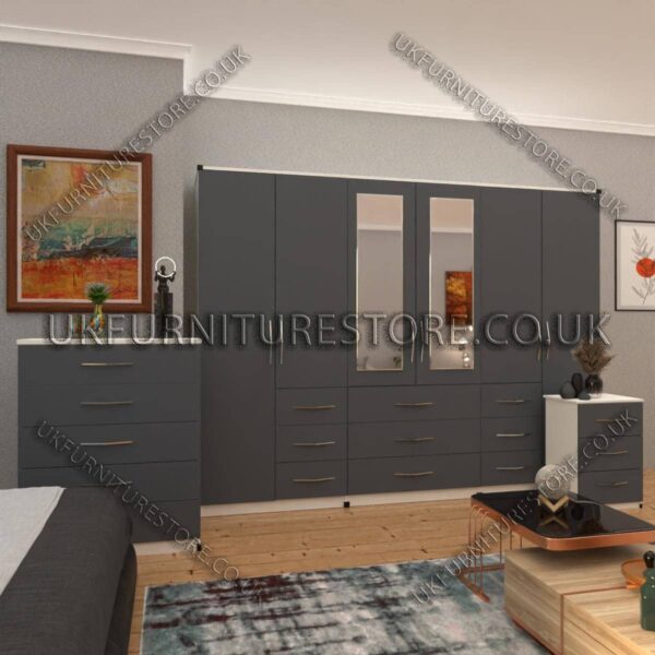 Front Gray Side White 6 Door Combi Wardrobe Set With 2 Mirrors