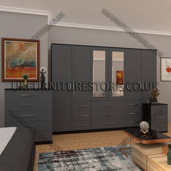 Front Gray Side Black 6 Door Combi Wardrobe Set With 2 Mirrors
