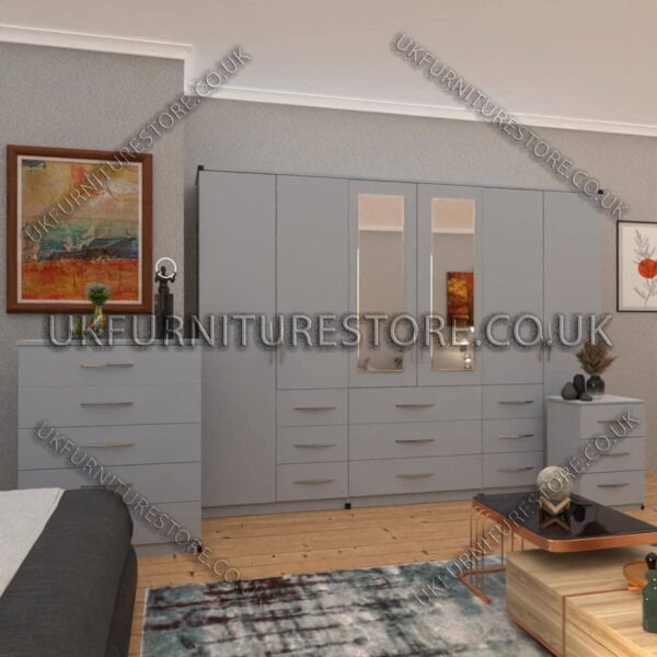Silver 6 Door Combi Wardrobe Set With 2 Mirrors