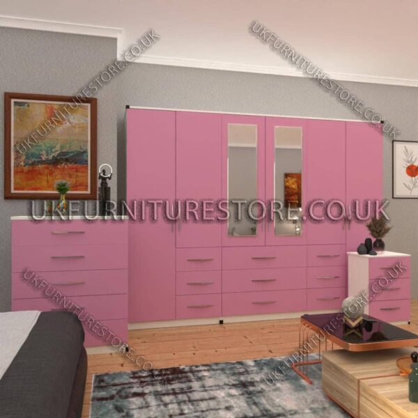 Front Pink Side White 6 Door Combi Wardrobe Set With 2 Mirrors