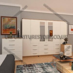 Front White Side Beech 6 Door Combi Wardrobe Set With 2 Mirrors