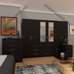 Black 6 Door Combi Wardrobe Set With 2 Mirrors