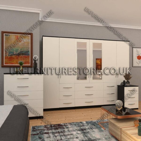 Front White Side Black 6 Door Combi Wardrobe Set With 2 Mirrors