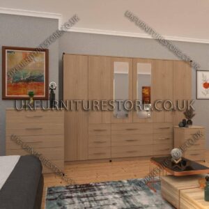 Oak 6 Door Combi Wardrobe Set With 2 Mirrors