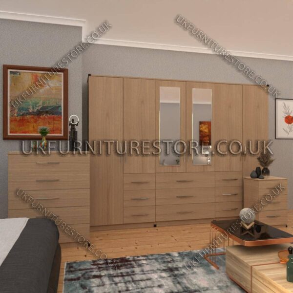 Oak 6 Door Combi Wardrobe Set With 2 Mirrors