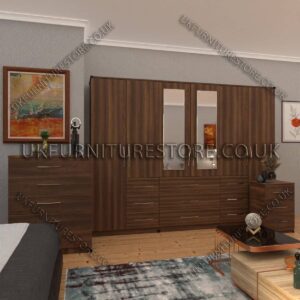 Walnut 6 Door Combi Wardrobe Set With 2 Mirrors